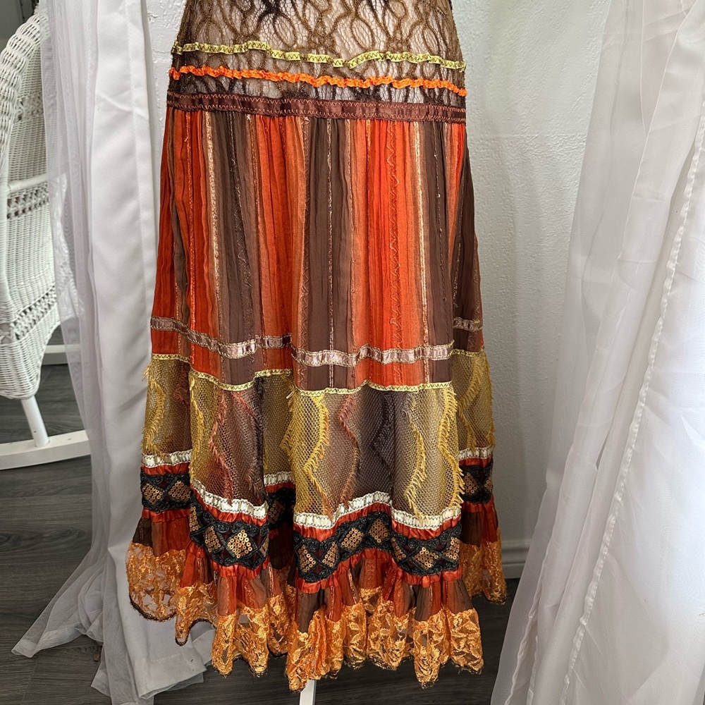 🤎🧡 Bohemian Orange brown Midi Maxi Festival boho Skirt size Small - Picture 3 of 11